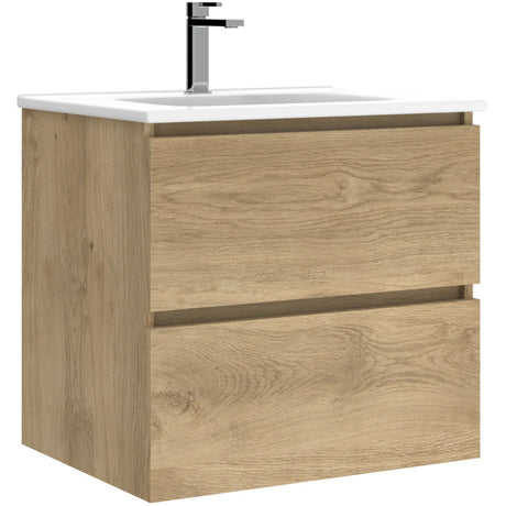 Modern oak wood wall mounted bathroom vanity unit with two drawers, white ceramic basin and chrome tap fixture, 60cm width