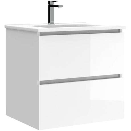White wall mounted bathroom vanity unit with 2 drawers, integrated white basin and black single lever tap, modern minimalist design with grey handle accents, 60cm width