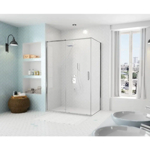 Modern bathroom featuring Merlyn ARYSTO Eight sliding shower door with chrome frame and clear glass panels, light blue tile accent wall with built-in white shelving, white marble flooring, dual circular sinks, and large windows overlooking cityscape
