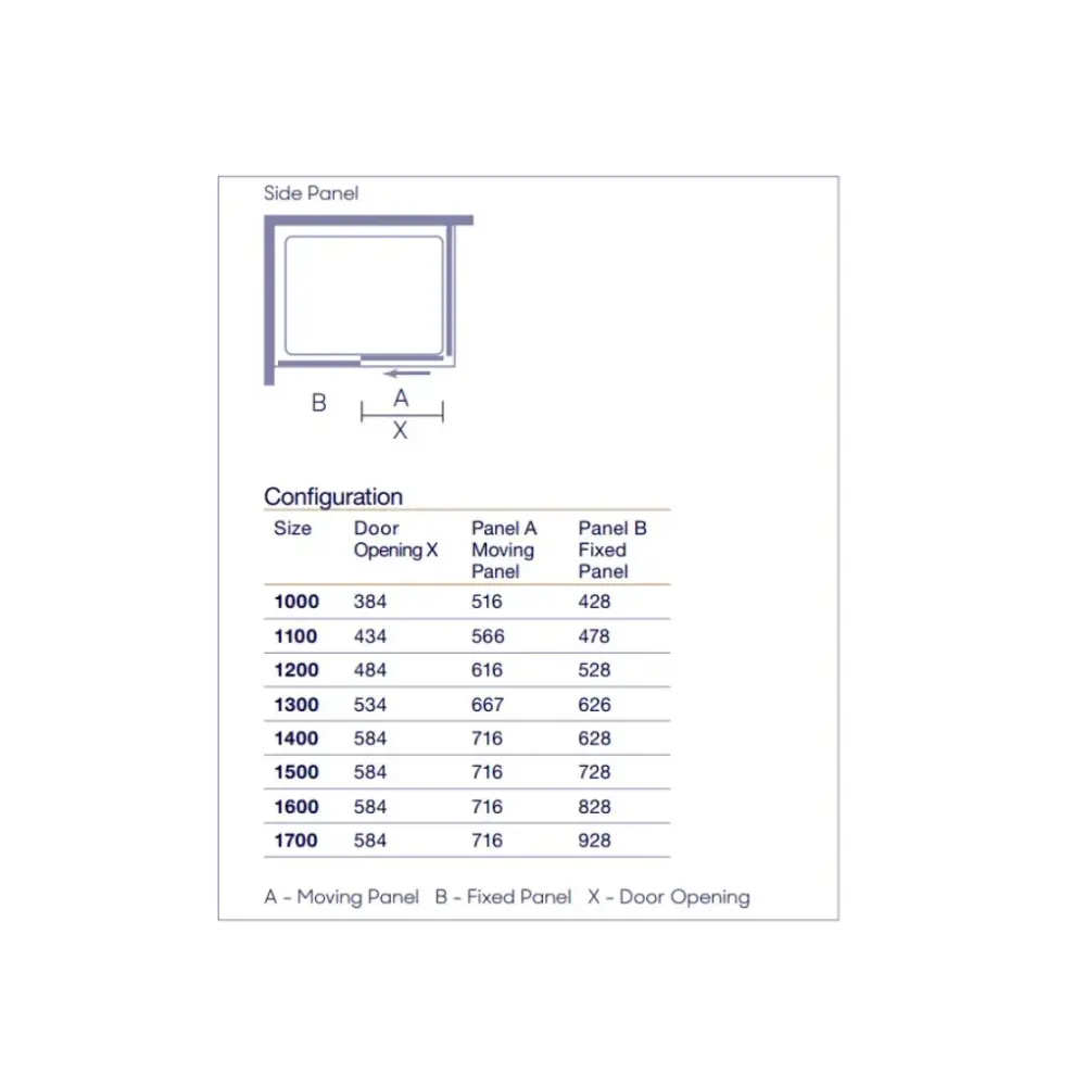 Technical specification diagram for Merlyn ARYSTO Eight sliding shower door showing side panel configuration with measurements table including door opening sizes and panel dimensions in millimetres for models ranging from 1000mm to 1700mm