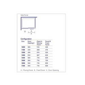 Technical specification diagram for Merlyn ARYSTO Eight sliding shower door showing side panel configuration with measurements table including door opening sizes and panel dimensions in millimetres for models ranging from 1000mm to 1700mm