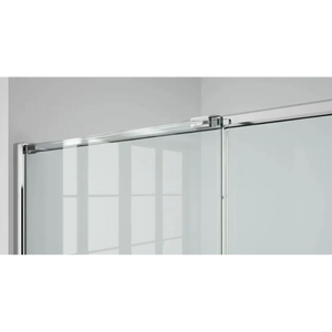 Merlyn ARYSTO Eight sliding shower door with chrome frame and clear glass panels showing grid pattern reflection against white bathroom wall