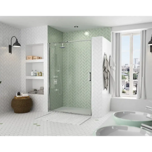 Merlyn ARYSTO Eight chrome sliding shower door installed in modern bathroom with green herringbone tile surround, white subway tile walls, floating shelves, and contemporary fixtures