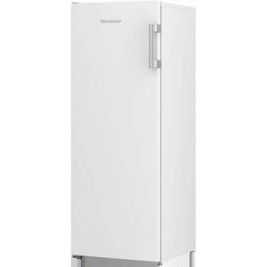 Blomberg FNM455W white tall freezer with stainless steel handle, 145.7cm height, auto defrost model shown against white background