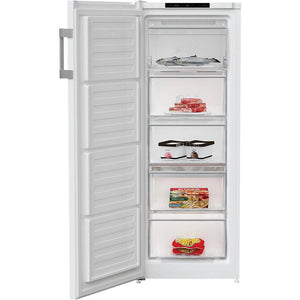 White Blomberg tall freezer model FNM455W with open door displaying frozen food items including fish, meat, ice cream and frozen vegetables on five pull-out drawers, digital display panel on top, and grey handles against white background