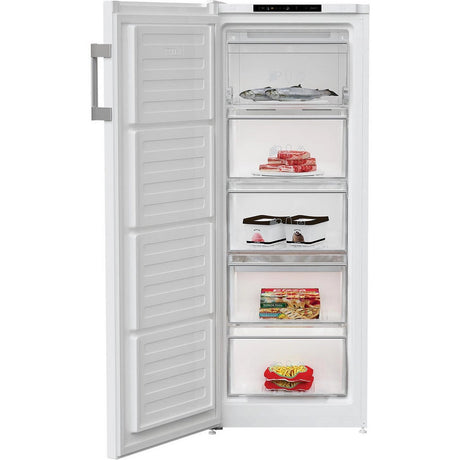 White Blomberg tall freezer model FNM455W with open door displaying frozen food items including fish, meat, ice cream and frozen vegetables on five pull-out drawers, digital display panel on top, and grey handles against white background
