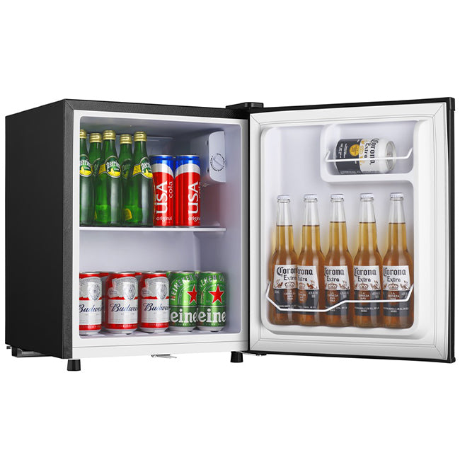 Black tabletop mini fridge with open door displaying beer bottles and cans including Corona, Budweiser, and Heineken on white shelves, featuring ice box compartment and lock mechanism, 50 litre capacity