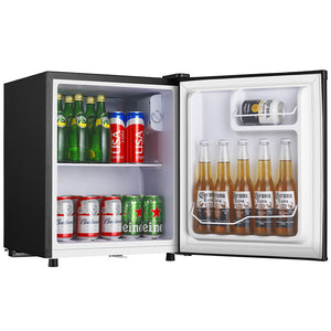 Black tabletop mini fridge with open door displaying beer bottles and cans including Corona, Budweiser, and Heineken on white shelves, featuring ice box compartment and lock mechanism, 50 litre capacity