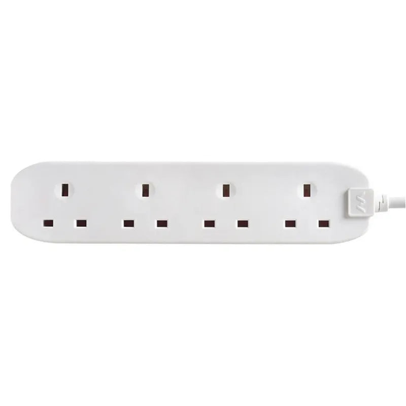 White Masterplug 4 socket extension lead with 5 metre cable and attached plug, showing rectangular power strip with multiple British rectangular outlets arranged in two rows