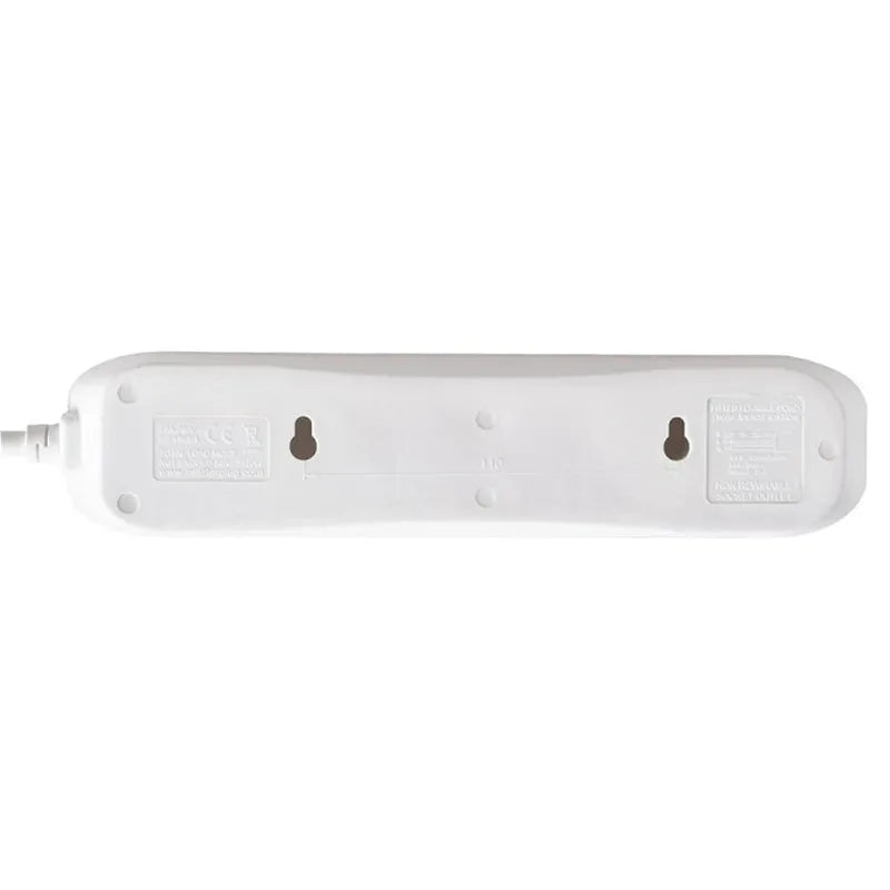 Masterplug white 4 socket extension lead with 5 metre cable, bottom view showing power outlets and safety certification labels