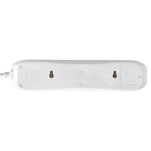 Masterplug white 4 socket extension lead with 5 metre cable, bottom view showing power outlets and safety certification labels