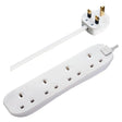 White Masterplug 4 socket extension lead with 5 metre cable, showing UK plug head with brass pins and elongated power strip with multiple outlets