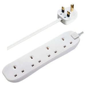 White Masterplug 4 socket extension lead with 5 metre cable, showing UK plug head with brass pins and elongated power strip with multiple outlets