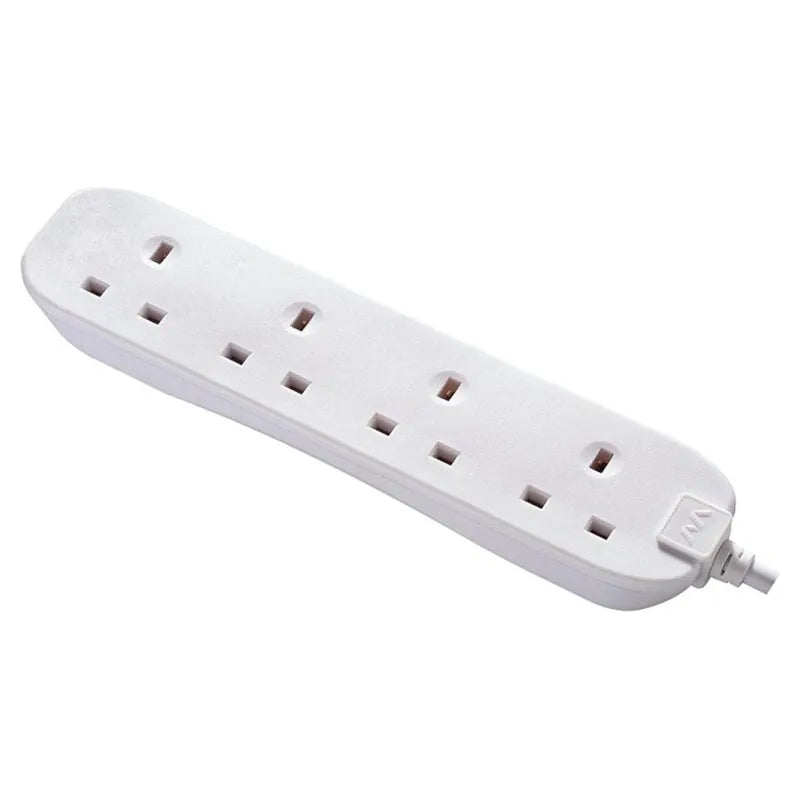 White Masterplug 4 socket extension lead with power cord coiled on right side, showing multiple rectangular outlet slots on curved plastic housing