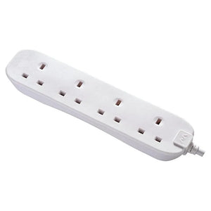 White Masterplug 4 socket extension lead with power cord coiled on right side, showing multiple rectangular outlet slots on curved plastic housing