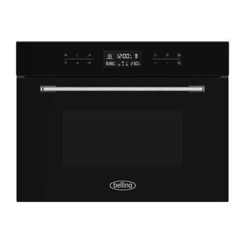 Black Belling built-in combination microwave oven with grill function, 44 litre capacity, digital display showing 1200W and £301, stainless steel trim, modern flat design