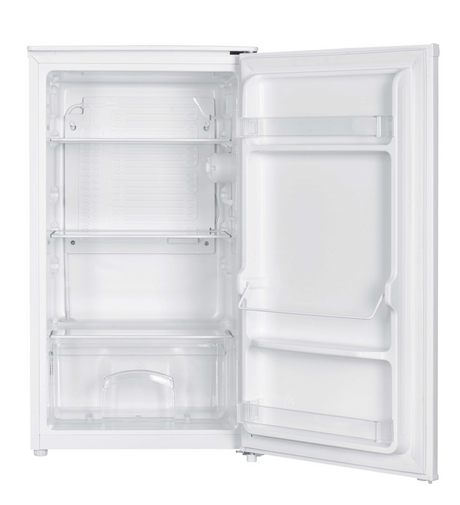 Belling BL86WH white undercounter larder fridge with open door showing empty shelves and storage compartments, front-facing product view