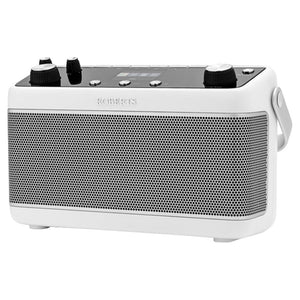 Roberts BLUTUNE7W portable DAB+ FM Bluetooth stereo radio in white with perforated metal grille, black control knobs and buttons on top panel, carrying handle on right side