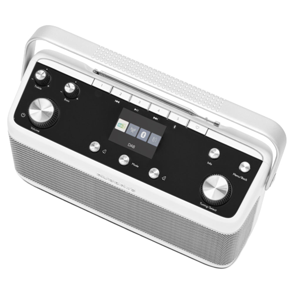 Roberts BLUTUNE7W portable DAB+ FM Bluetooth stereo radio in white and black with textured speaker grille, control knobs, and digital display panel