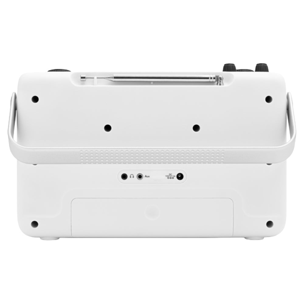 Top-down view of a white Roberts Blutune 7W portable DAB+ FM Bluetooth stereo radio showing the open top panel with chrome tuning dial, black control knobs, textured grip surface, carrying handles on sides, and front control panel with connectivity ports