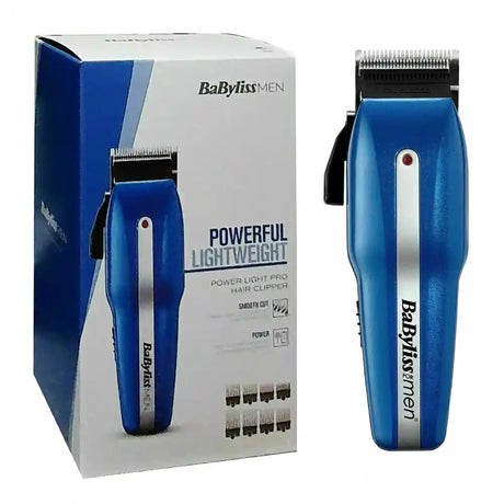 Blue hair clipper with packaging displaying 'BaByliss Men' branding on a white background.