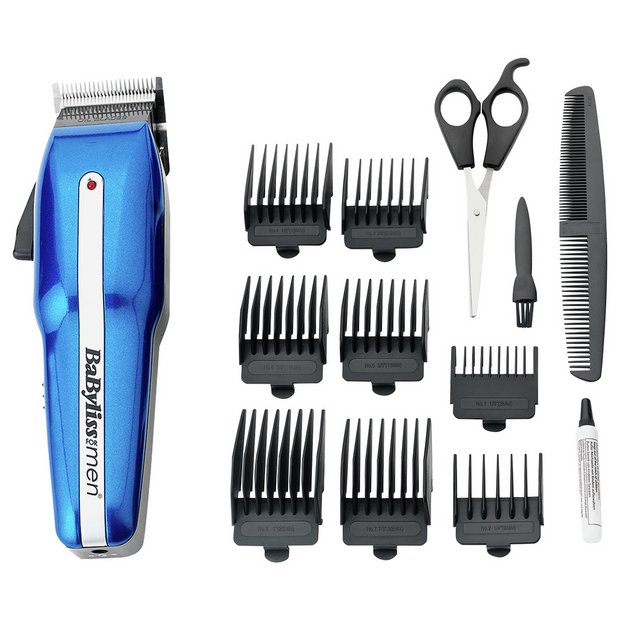 Hair cutting kit with blue clipper, scissors, comb, and attachments on a white background