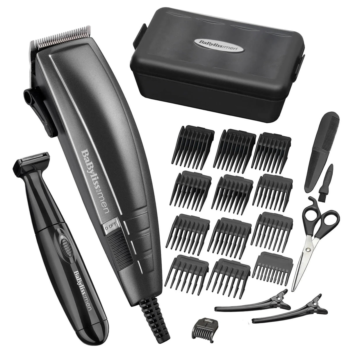 BaByliss men's grooming kit with hair trimmer, scissors, and attachments on a white background