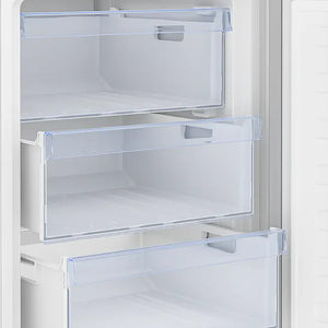 Beko CSG4582S combi fridge freezer with open transparent drawers showing white interior compartments and silver exterior finish