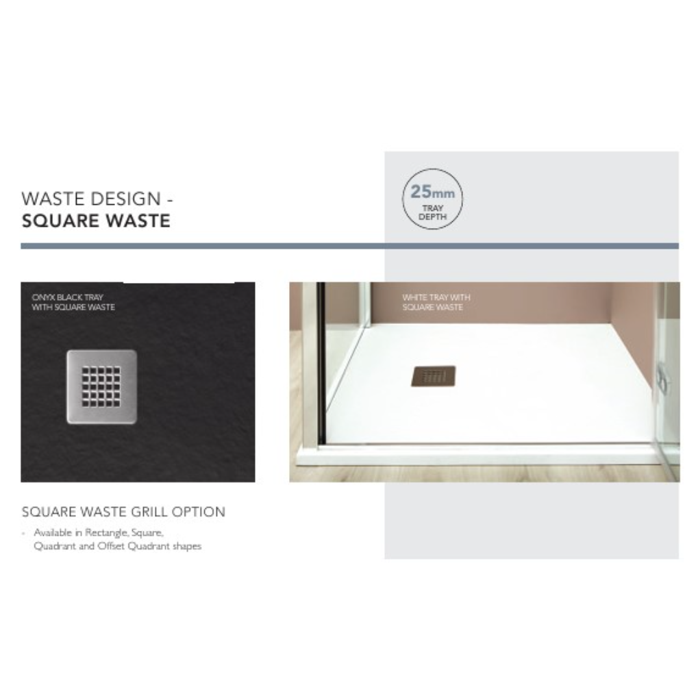 Waste design square waste grill options shown on black onyx tray and white rectangular shower tray with 25mm depth, displaying square grill pattern in chrome finish and brown bronze grill detail in bathroom setting
