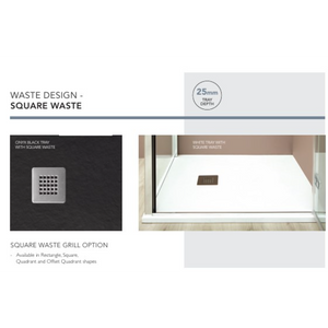 Waste design square waste grill options shown on black onyx tray and white rectangular shower tray with 25mm depth, displaying square grill pattern in chrome finish and brown bronze grill detail in bathroom setting