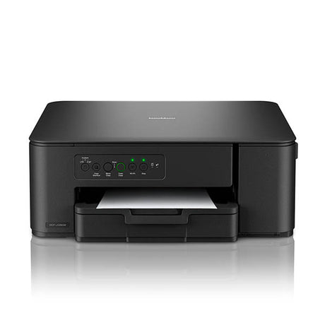 Brother DCP-J1260W black compact 3-in-1 wireless inkjet printer with paper tray open showing white paper, control panel with green indicator lights, front-facing product shot on white background
