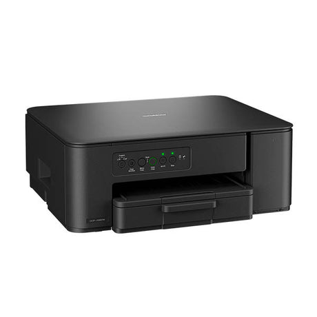Brother DCP-J1260W compact wireless inkjet printer in black with open paper tray, control panel with buttons and indicator lights, front-facing product view on white background