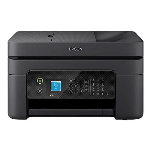Epson WorkForce WF-2930DWF black all-in-one multifunction printer with blue touchscreen display and control panel, front view showing paper feed slot and output tray