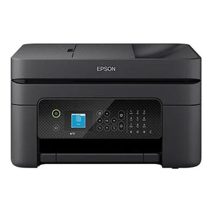 Epson WorkForce WF-2930DWF black all-in-one multifunction printer with blue touchscreen display and control panel, front view showing paper feed slot and output tray