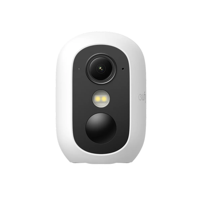 Smart home security camera with a white and black design on a white background