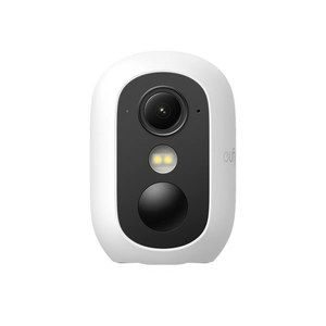 Smart home security camera with a white and black design on a white background