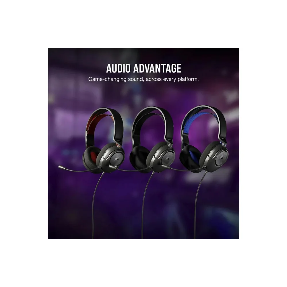 Three Corsair HS35 v2 gaming headsets displayed against a purple blurred background, featuring black ear cups with grey accents, detachable microphone boom, and wired connection cables, showcasing different color accent variations including red, standard black, and blue trim