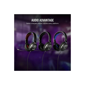 Three Corsair HS35 v2 gaming headsets displayed against a purple blurred background, featuring black ear cups with grey accents, detachable microphone boom, and wired connection cables, showcasing different color accent variations including red, standard black, and blue trim