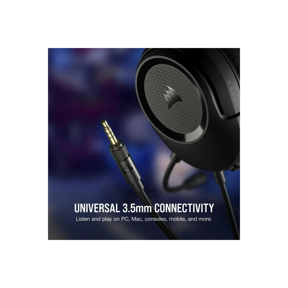 Corsair HS35 v2 carbon black gaming headset with 3.5mm jack connector showing universal connectivity for PC Mac consoles and mobile devices