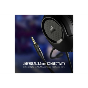 Corsair HS35 v2 carbon black gaming headset with 3.5mm jack connector showing universal connectivity for PC Mac consoles and mobile devices