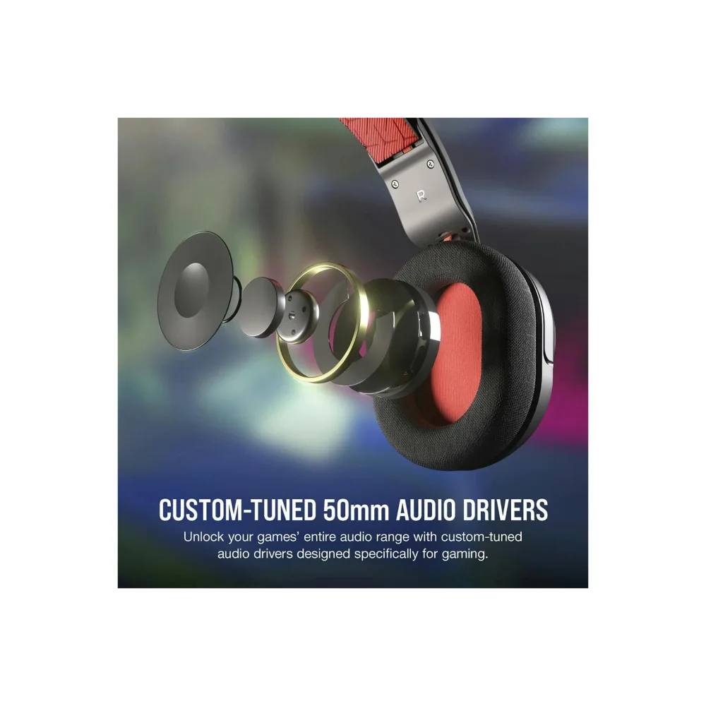 Corsair HS35 v2 gaming headset with custom-tuned 50mm audio drivers, featuring red ear cups, black fabric padding, and silver headband against a blurred colorful background