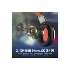 Corsair HS35 v2 gaming headset with custom-tuned 50mm audio drivers, featuring red ear cups, black fabric padding, and silver headband against a blurred colorful background