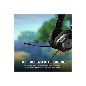 Corsair HS35 v2 gaming headset with black ear cups and headband featuring a flexible omni-directional microphone, displayed against a blurred outdoor background with water and trees, highlighting full-range mic technology for clear voice communication