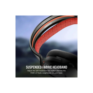 Corsair HS35 v2 gaming headset showing suspended red fabric headband with black ear cups against blurred outdoor background