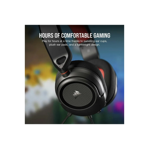 Corsair HS35 v2 black gaming headset with swiveling ear cups displayed against colorful blurred background, featuring lightweight design and plush ear pads for comfortable extended gaming sessions