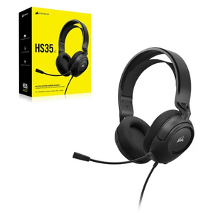 Corsair HS35 v2 black wired gaming headset with detachable microphone shown with yellow retail packaging box featuring product name and specifications
