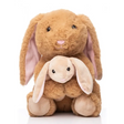 Soft plush brown bunny with pink inner ears holding smaller cream baby bunny, Kirkwood Cuddles mama and baby rabbit toy set