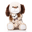 Kirkwood Cuddles plush mama and puppy dog set, 30cm, featuring white and brown soft fabric with embroidered details, puppy wearing decorative bow tie, sitting on white background