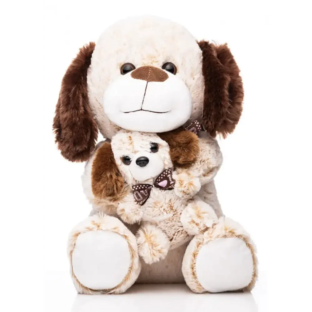 Kirkwood Cuddles plush mama and puppy dog set, 30cm, featuring white and brown soft fabric with embroidered details, puppy wearing decorative bow tie, sitting on white background
