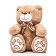Kirkwood Cuddles Bear 30cm plush toy with tan brown fur, white muzzle, brown nose, striped ribbon bow, and paw pad details on feet against white background